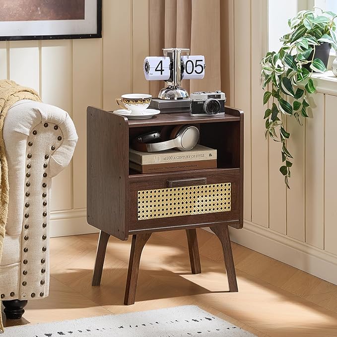 Lerliuo Rattan Nightstand, Bedside Table with Drawer Open Shelf, Cane Accent Side End Table with Solid Wood Legs, Walnut Vintage Night Stand for Bedroom, Dorm and Small Spaces - Image 2