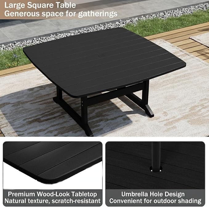 Outdoor Dining Set, HDPE 9-Piece Patio Table and Chairs Set, All-Weather Outdoor Dining Table Set for 8 with Umbrella Hole, Durable Patio Furniture Set with Chairs,Black - Image 5
