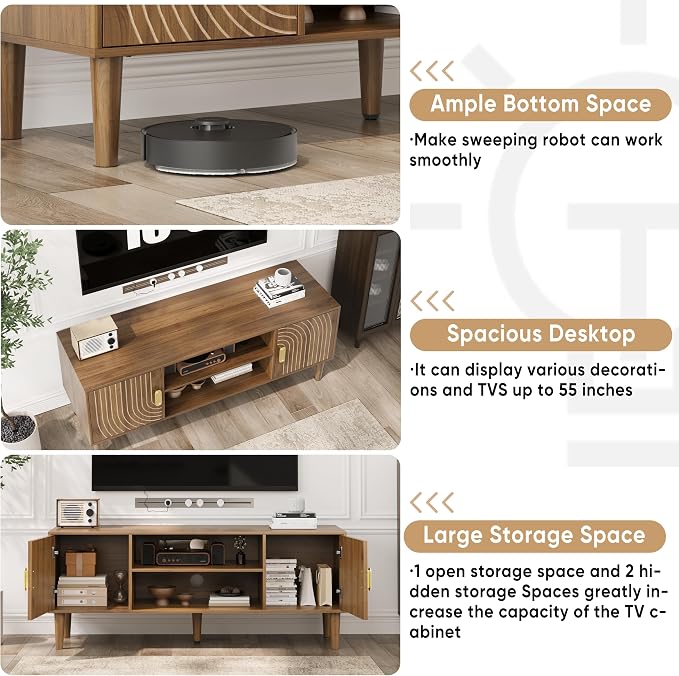 Smuxee Walnut TV Stand with Line Groove Design, 47.2" Mid Century Modern TV Media Console for TVs up to 55", TV Cabinet with Adjustable Shelf & 2 Cabinets for Living Room - Image 6