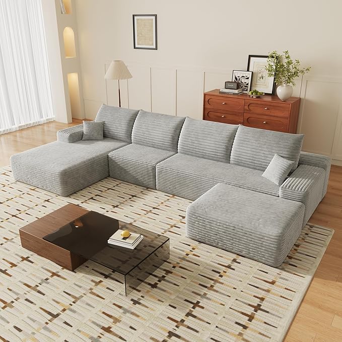 135" U Shaped Sectional Couch with Ottoman, Large Sectional Couches for Living Room, Plush Corduroy Convertible Sleeper Sofa, Compressed Foam Sofa in a Box No Assembly, Left Facing Chaise, Grey
