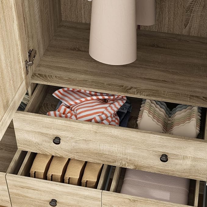 MOUMON 4 Rattan Door Wardrobe with Shelves and Drawers, Armoire Wardrobe with 2 Clothing Rods, Closet for Bedroom Oak 19“D x 59”W x 70.9”H