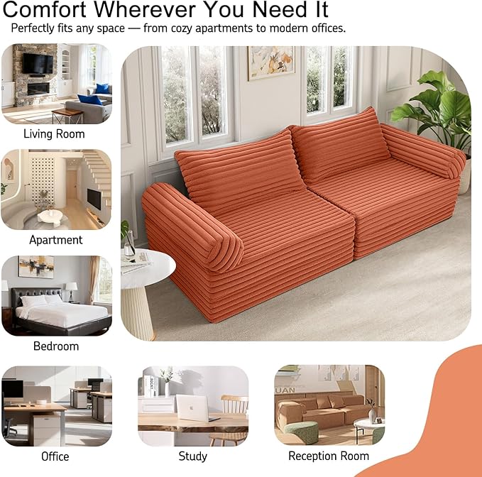 MeMoreCool Convertible Sofa Bed, Folding Floor Couch Bed Queen, Pull Out Sleeper Couch with Pillows, Fold Out Futon Sofa for Bedroom Living Room Small Space, Corduroy Orange