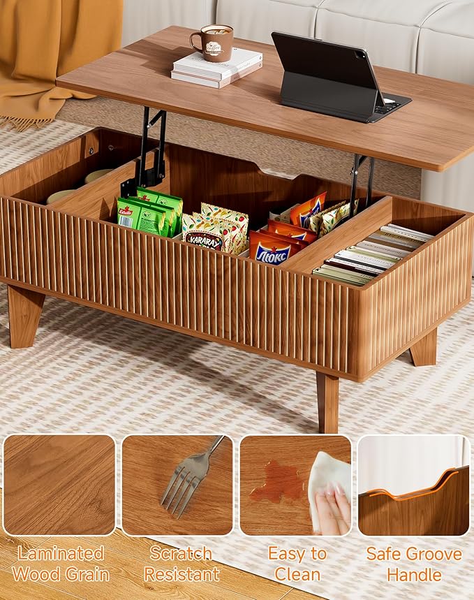 Rectangular Lift Top Coffee Table with Storage, 41.5" Mid Century Modern Center Table for Living Room, Wood Fluted Coffee Table for Home Office, Walnut