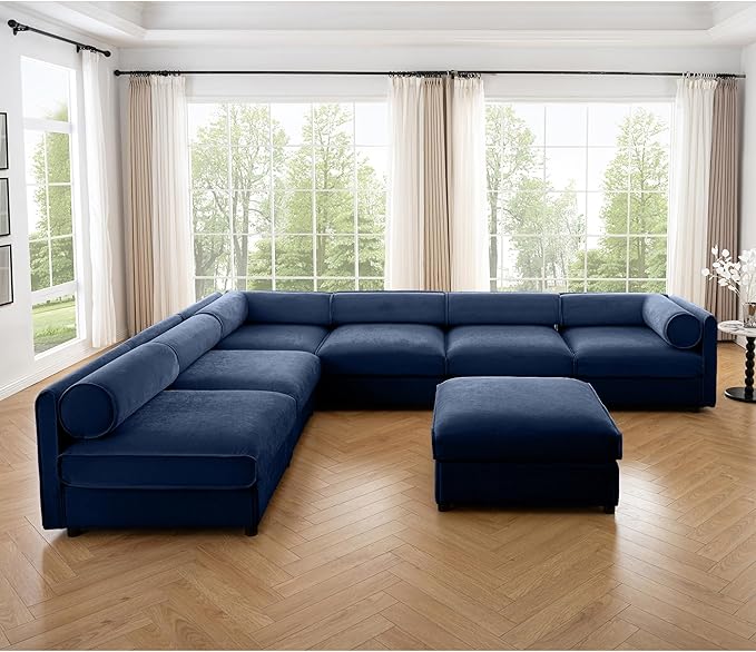 KEIKI 143" Large Modular Chenille Sectional Sofa with Storage Seat, 1 Ottoman, Modern 6-Seater Couch with Cylindrical Backrest and 1 Armrests, Easy Assembly, for Apartment, Living Room, Blue