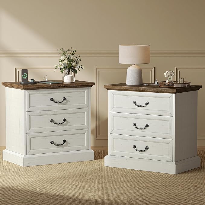 Huuger Nightstand with Charging Station, 3 Drawer Night Stand Set of 2, 22 Inch Wider Side Table with Storage, Farmhouse Nightstand with Vintage Handles, Thicken Base, for Bedroom, Distressed White by Huuger