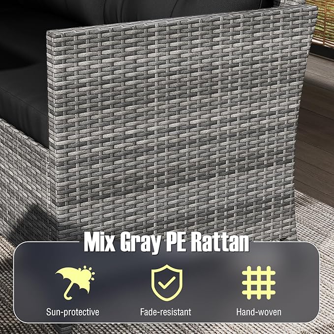 Tangkula 7 Pieces Patio Dining Furniture Set, Outdoor PE Rattan Sectional Sofa Set with Soft Cushions, Ottomans and Tempered Glass Table, Wicker Conversation Set (Mix Gray + Black)