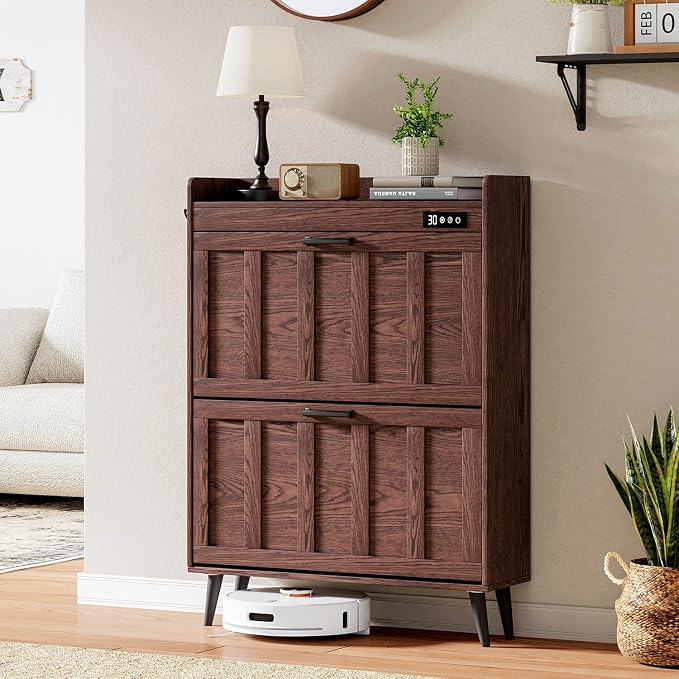 ChooChoo Shoe Storage Cabinet with 2 Flip Drawers, Deodorizing Shoe Organizer Storage for Entryway, Freestanding Hidden Slim Narrow Shoe Rack Cabinet, Walnut - Image 8