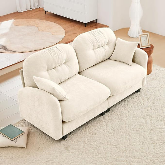KEIKI 74" Oversized Chenille Modular Sectional Loveseat Sofa with High-Density Foam Cushions and Tufted Pleated Cushion Backrest, Upholstered 2-Seater Cloud Couch with 2 Pillow, for Living Room, Beige