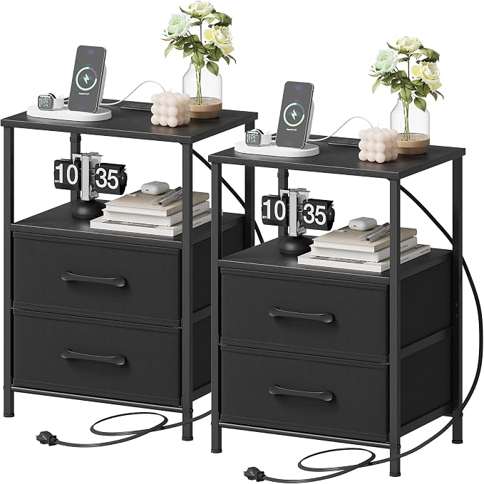 TRIFEBLE Nightstands Set of 2, Night Stand with Charging Station, Bedside Table with 2 Fabric Drawers for Bedroom, Small Side End Table with Open Shelf, Black by TRIFEBLE