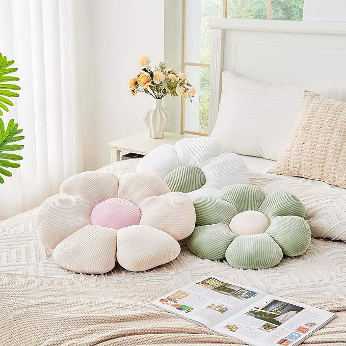 Kcvvcr White Flower Pillow, 19.6" Cute Flower Shaped Floor Pillow, Aesthetic Floral Plush Daisy Decorative Throw Pillows for Bed Sofa Couch