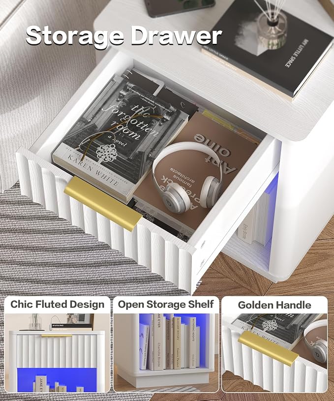 Akxomel Fluted Nightstand, Wooden Night Stand with Charging Station and LED Light, Modern Mid Century End Table with Drawer, 15" D x 15.7" W x 22.6" H, for Bedroom, White - Image 7