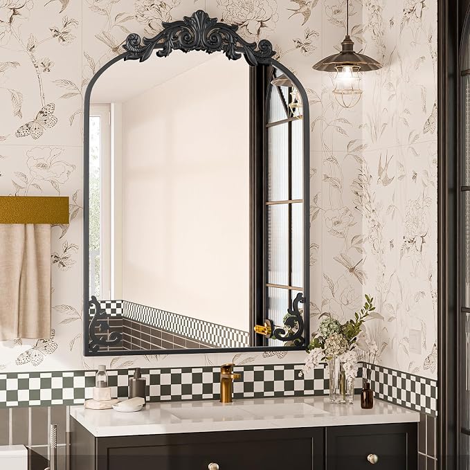 Koonmi Vintage Mirror, 26x38 Retro Wall Mounted Vanity Mirror, Tempered Glass, Detachable Flower Head, Black Antique Decorative Arched Mirrors for Bathroom Entryway Fireplace Hallway - Image 5