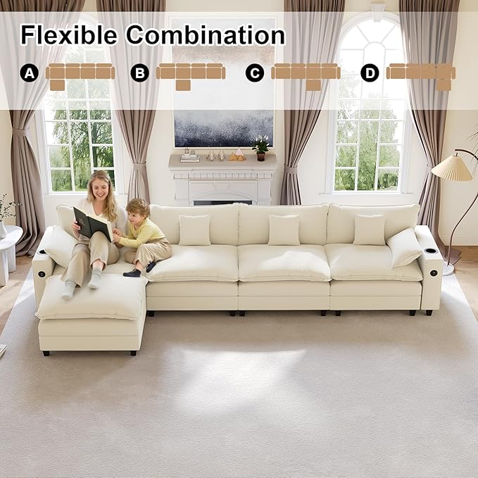 152" Modular Sectional Sofa, L Shaped Cloud Couch with Movable Ottoman, Chenille Deep Seat Cloud Sofa with Charging Station, Cup Holder, Side Pocket, Sectional Couches for Living Room, Beige