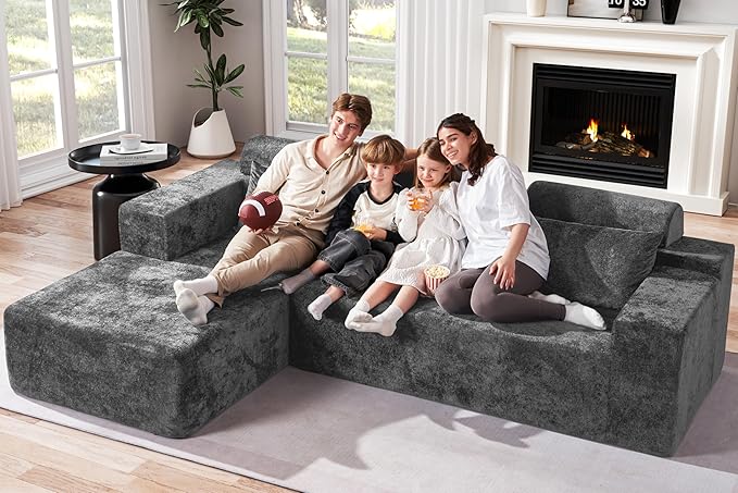 Homguava Modular Sectional Couches for Living Room,105" Cloud Couch with L-Shape Chaise,Comfy Sofa Living Room Couch with Deep Seat,No Assembly L Couch,Luxury Distressed Velvet(Grey,L)