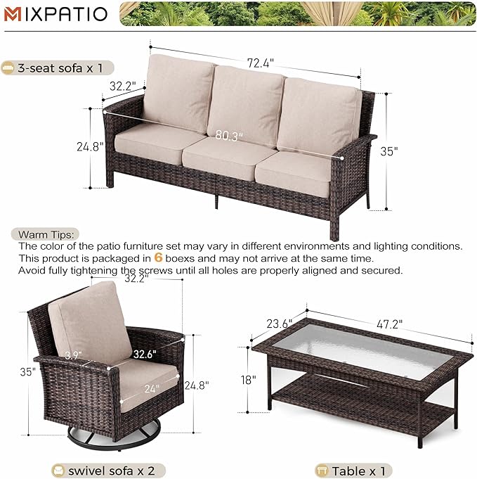 4-Piece Wicker Patio Furniture Set with Swivel Chairs, High Back Outdoor Sofa with 5.5-inch Thick Cushion, All-Weather Patio Table and Chairs Set for Deck Yard Pool, Beige