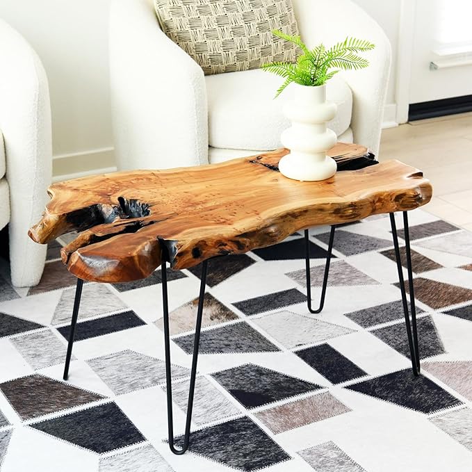 WELLAND Live Edge Cedar Wood Coffee Table Metal Hairpin Legs 32.5" W x 17" D x 16" H for Living Room, Patio, Bedroom, Home Office