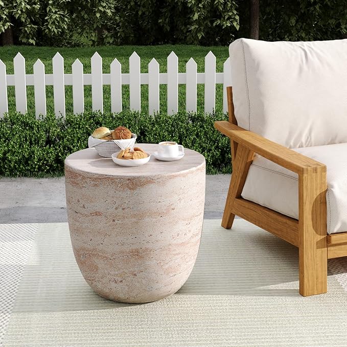 KEVINSPACE Small Side Coffee Table Outdoor MGO Round Travertine Finish End Living Room Accent Sofa Bedside Couch Table Bedroom Apartment Indoor 15.5" W x15.75 H Lightweight Beige Concrete