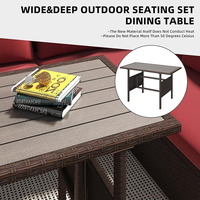 AECOJOY Outdoor Patio Furniture Set, 7 Pieces Clearance Sectional Rattan Dining Table&Chairs, All Weather Wicker Conversation Sofa Couch with Ottoman, Wine Red Cushions&Brown Rattan