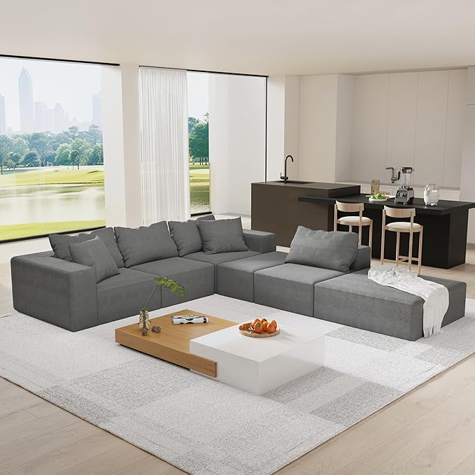 KEIKI Sectional Sofa Couch Set, Modular 132" L Shaped Couch Set with 6 Pillows, Free Combination Upholstered Sofa Couch for Living Room, Bedroom, Grey