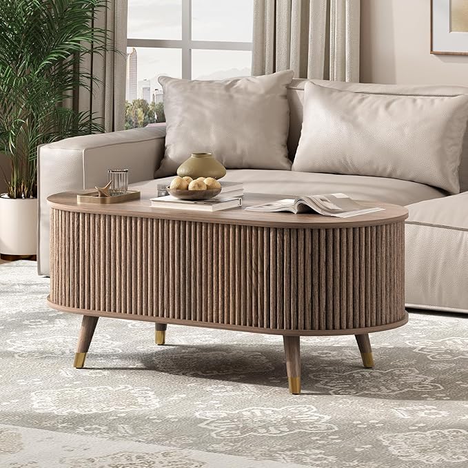 Oval Coffee Table with Storage, 42.5” Fluted Coffee Table with Lifting Top & Solid Wood Legs, Modern Lift Up Center Table for Living Room, Home Office, Walnut