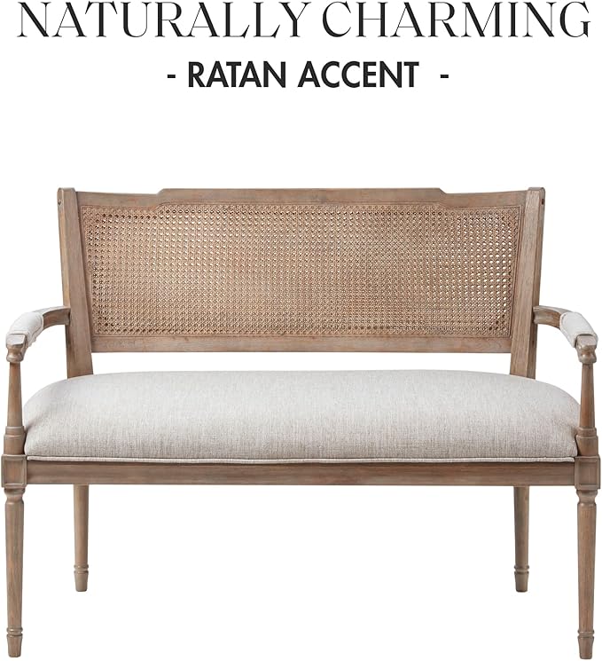 Madison Park Willshire Natural Rattan Settee, Upholstered Seat - Charming Country Design, Rustic Reclaimed Wood Finish, Ratan Insert Backrest & Padded Arm Rest, 47.25" Wide Beige/Reclaimed Natural