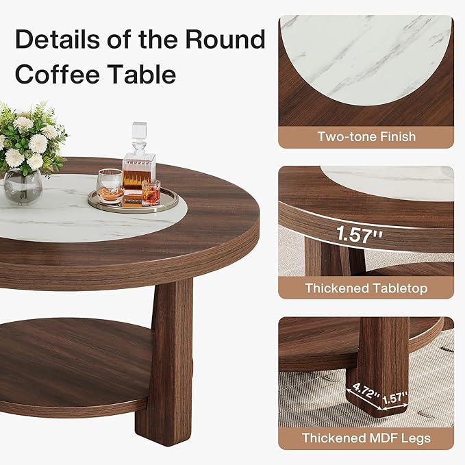 Tribesigns Coffee Table, 2-Tier Round Coffee Table with Heavy-Duty Wood Tabletop for Living Room, Industrial Circle Wood Accent Center Table with Storage, Brown and White