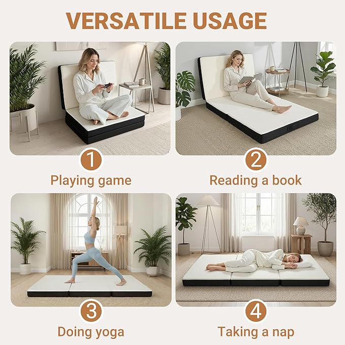 Foldable Mattress Full, Memory Foam Tri-Fold Mattress with Removable Washable Cover, 4 inch Folding Mattresses Floor Bed Sleeping Pad for Guest, RV, Travel, Camping, White, 73"x52"x4"