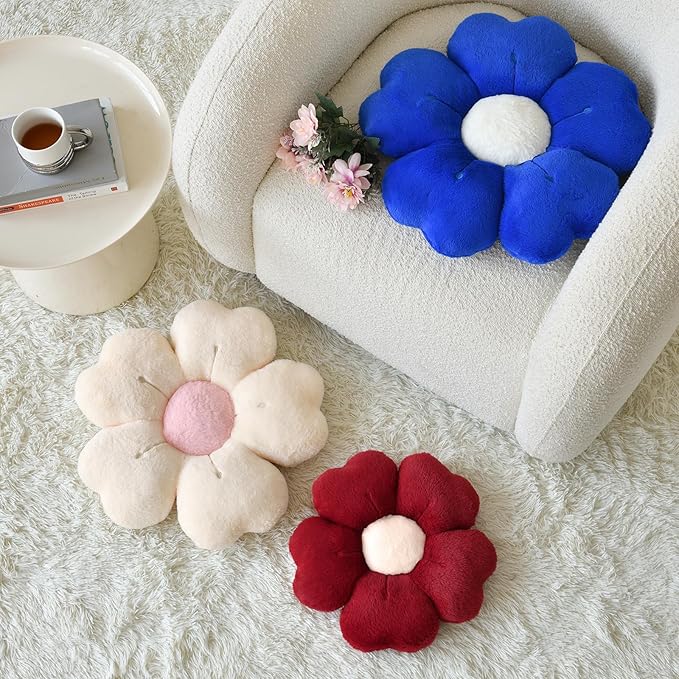 Flower Shaped Pillow, Cute Decorative Throw Pillows with Soft Rabbit Fur for Couch Bed Chair Floor, Christmas Pillow Seating Cushions with Room Décor for Bedroom Living Room(19.6 Inches Gemstone Blue)