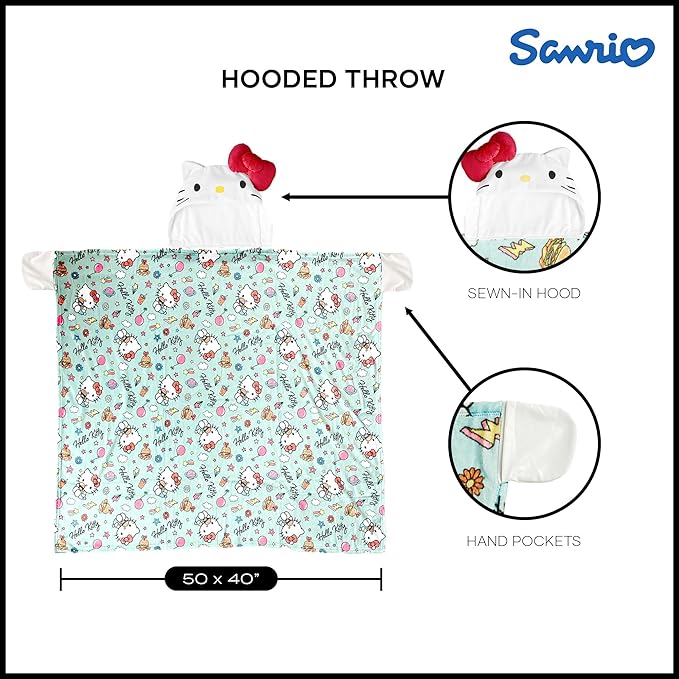 Northwest Sanrio Hello Kitty Blanket, Wearable Hooded Throw, Soft 3D Sculpted Hood, Silk Touch Throw, 40 x 50 Inches