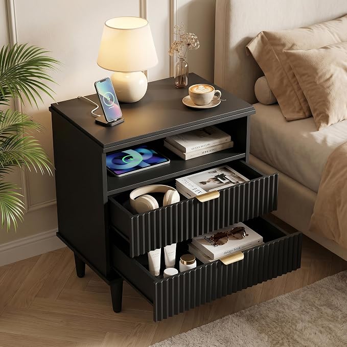 Black Nightstand with Charging Station for Bedroom, Fluted Wooden Bedside Table with 2 Drawers, Open Storage, Gold Metal Handles, Modern End Table Set 1 - Image 5