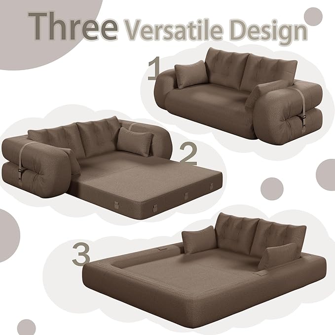 78.7" Convertible Sofa Bed, 3-in-1 Folding Floor Couch with 4 Pillows, Sleeper Sofa for Living Room and Guest Bed, No Assembly Required (Brown, Teddy Fabric)