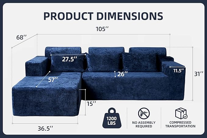 Homguava Modular Sectional Couches for Living Room,105" Cloud Couch with L-Shape Chaise,Comfy Sofa Living Room Couch with Deep Seat,No Assembly L Couch,Luxury Distressed Velvet(Blue,L)