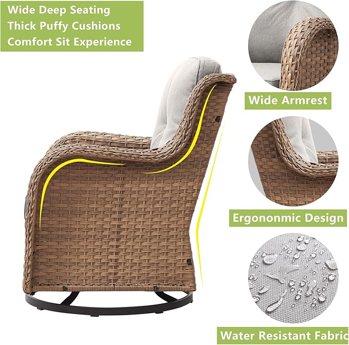 Rilyson Patio Chairs Rocking Swivel Chiar - 3 Piece Outdoor Wicker Patio Bistro Set Rattan Rocker Glider Chairs with High Back and Deep Seating for Outside Porch Deck Garden(Yellow/Beige)