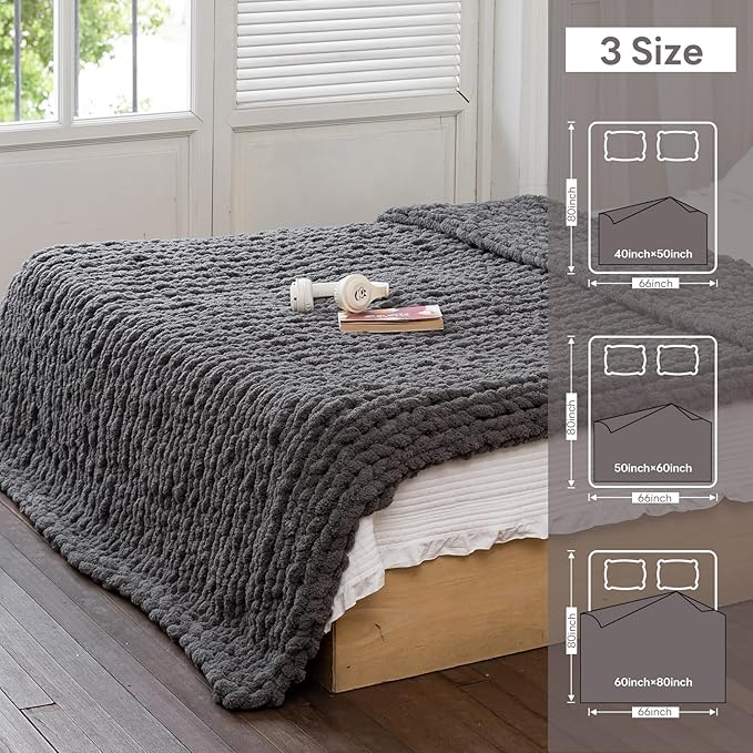 Chunky Knit Blanket - Luxury Soft Cozy 60 * 80 Throw Blanket,100% Woven Blanket Rope Knot Throw Blanket for Couch, Sofa, Home Decor, Gift - Machine Washable (Black Gray, 60 * 80)