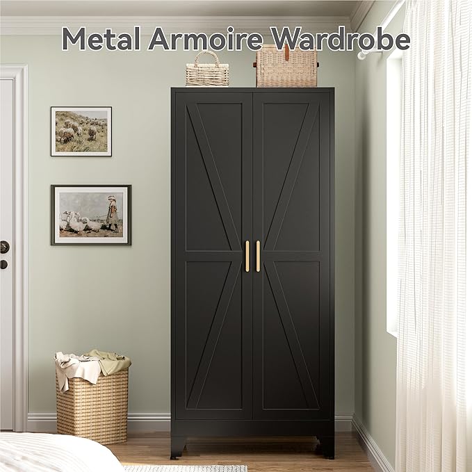 Metal Wardrobe Closet with Doors and Shelves, 71" Farmhouse Bedroom Armoire with Hanger Rod and Clothing Shelf, White Steel Wardrobe Cabinet Storage Clothes Closet