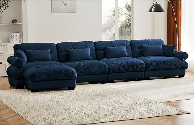 KEIKI 166" L-Shaped Oversized Velvet Modular Sectional Sofa with 1 Ottoman, High-Density Foam Cushions and Bolstered Armrests, Upholstered 4-Seater Cloud Couch with 6 Pillow, for Living Room, Blue