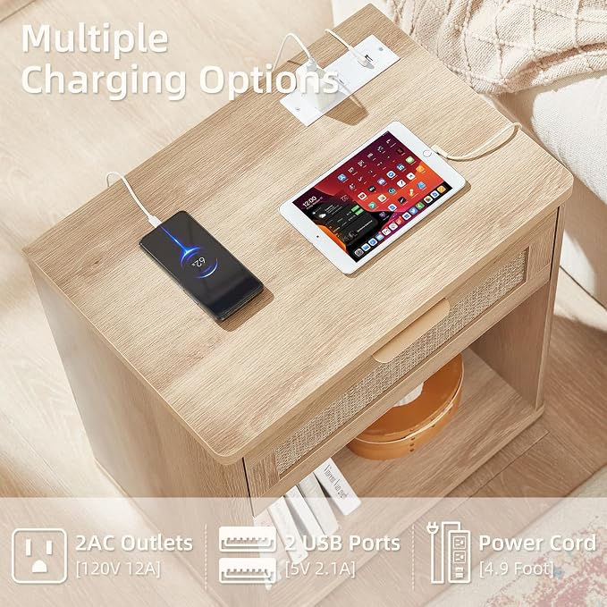 LEYAOYAO Rattan Nightstands Set of 2 with Charging Station, Natural Wood Night Stand with Drawer, 23" Wide Boho Bedside Table with Storage Shelf, Bed Side End Tables for Bedroom, Living Room, Hallway - Image 6