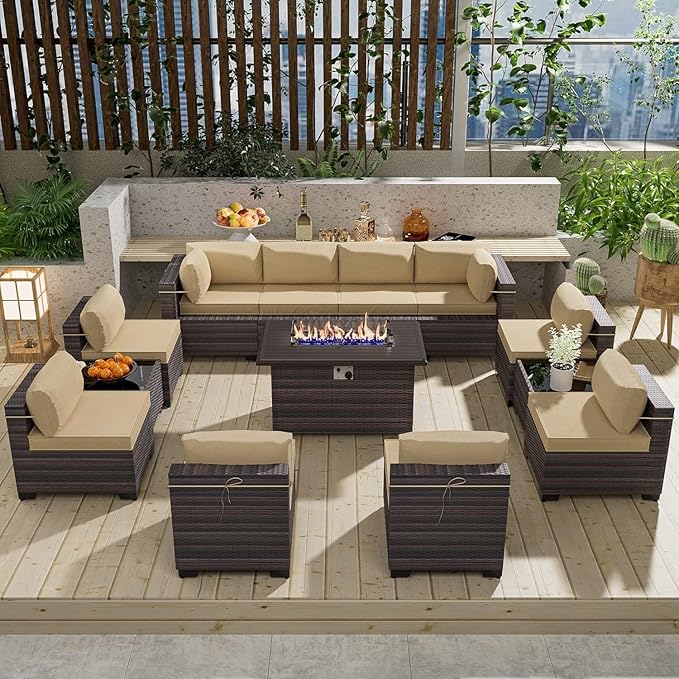 13 Pieces Outdoor Patio Furniture Set,Outdoor Sectional Furniture with 43" 55000 BTU Gas Propane Fire Pit Table,PE Rattan Wicker Patio Conversation Set with 10 Thickened Cushions,Sand