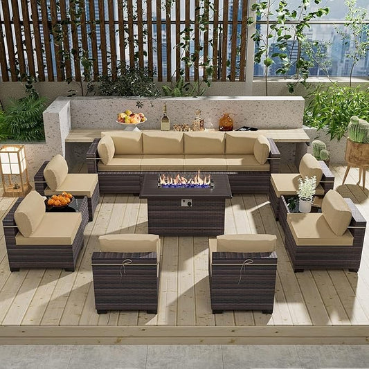 13 Pieces Outdoor Patio Furniture Set,Outdoor Sectional Furniture with 43" 55000 BTU Gas Propane Fire Pit Table,PE Rattan Wicker Patio Conversation Set with 10 Thickened Cushions,Sand