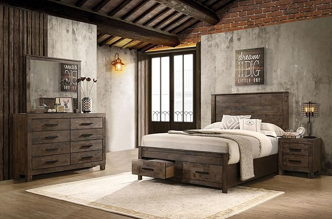 Coaster Home Furnishings Woodmont Farmhouse 4-Piece Bedroom Set Eastern King Size Storage Panel Bed Frame 54-inch Headboard Rustic Golden Brown 222631KE-S4