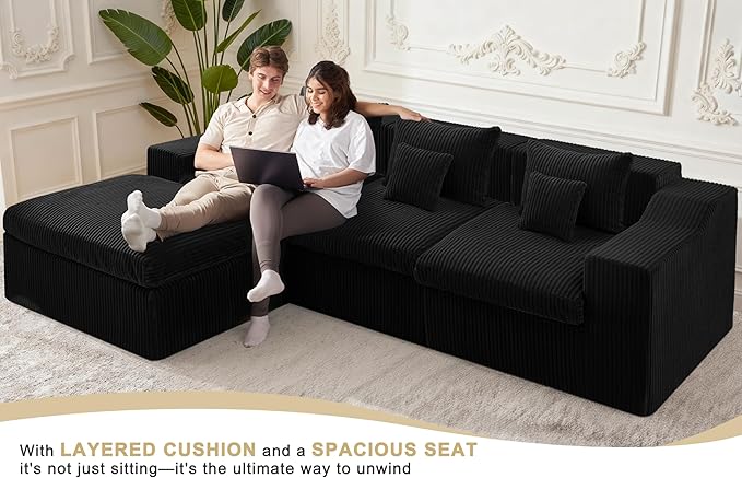 101" Modular Couch Sectionals with Ottoman, Big Comfy Cloud Couches, L Shaped 4 Seat Modular Sectional Sofa, Sectional Double Cushion Couches with Deep Seat for Living Room,No Assembly Required(Black)