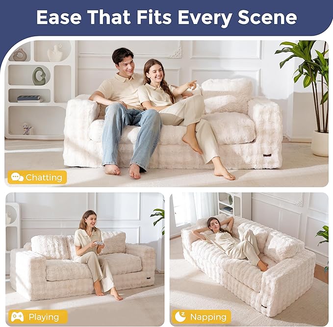 MAXYOYO 3 Seater Sofa for Living Room, Tufted Boneless Couch Bubbled Sofa Couch, Comfy Bean Bag Chair for Bedroom Apartment, No Assembly Needed, Beige