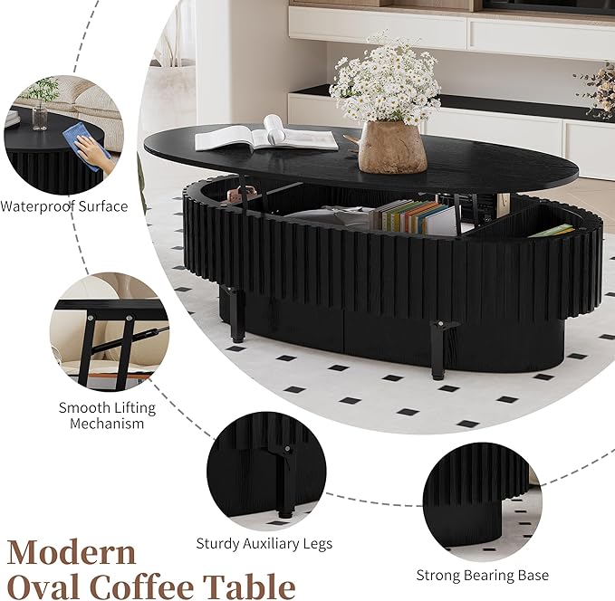 Oval Lift Top Coffee Table with Storage, Modern Drum Center Table with Hidden Compartment for Living Room, Lift Tabletop Fluted Minimalist Wood Dining Table for Home Office - Black