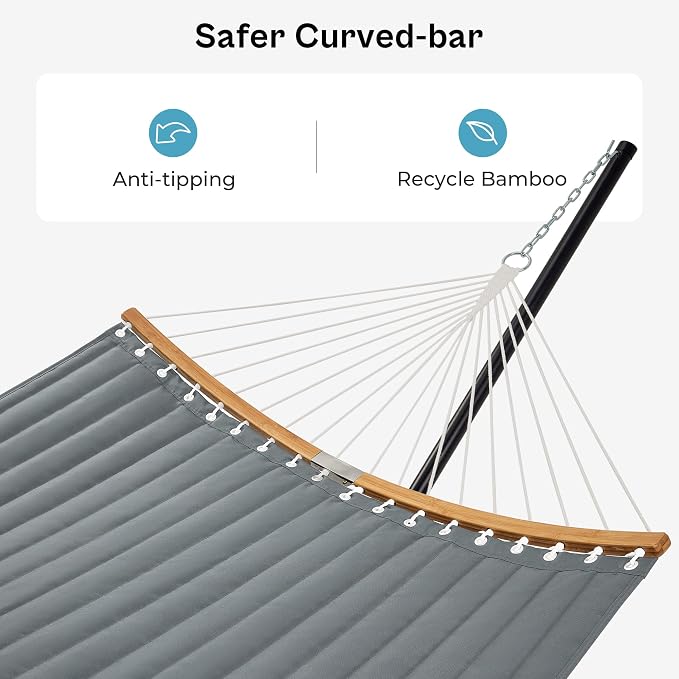 SUPERJARE Hammock with Stand, 2 Person Heavy Duty Hammock with Padded Cotton, Detachable Pillow & Strong Curved-Bar & Portable Carrying Bag, Perfect for Outdoor & Indoor, Neutral Gray - Image 5