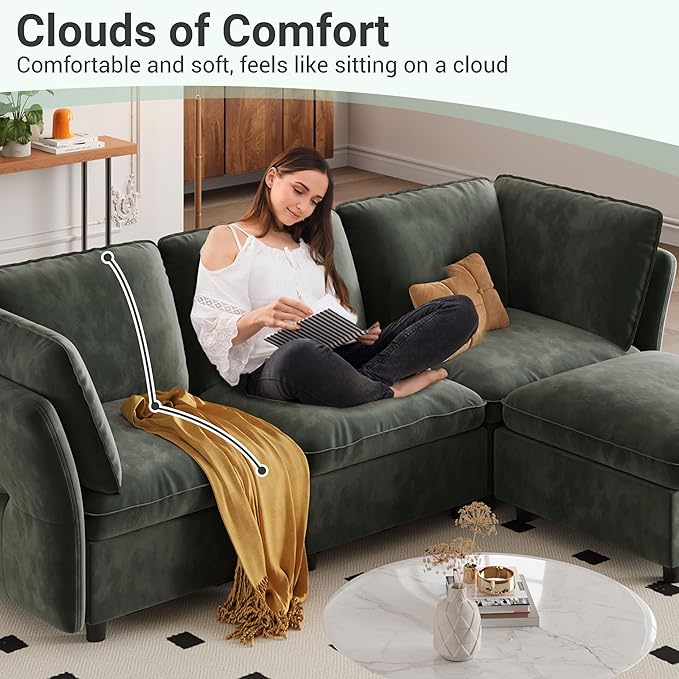 97" Modular L-Shaped Sectional Cloud Couch with Storage Ottoman - Velvet Deep Seating Sofa Set with Pillows, Convertible 3-Seater for Living Room, Apartment, Office (Olive Green)