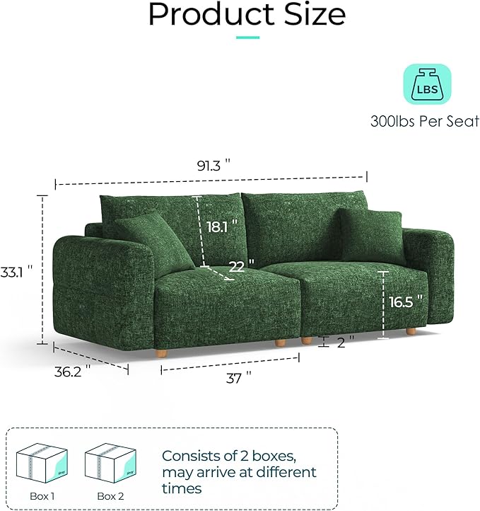 LINSY HOME Cloud Couch Sectional, Modular Sofa Sectionals for Living Room Bedroom, 91" 2 Seater Love Seat Couch with Ottoman, Deep Seat Cozy Couch Luxury Chenille Sofas, Green