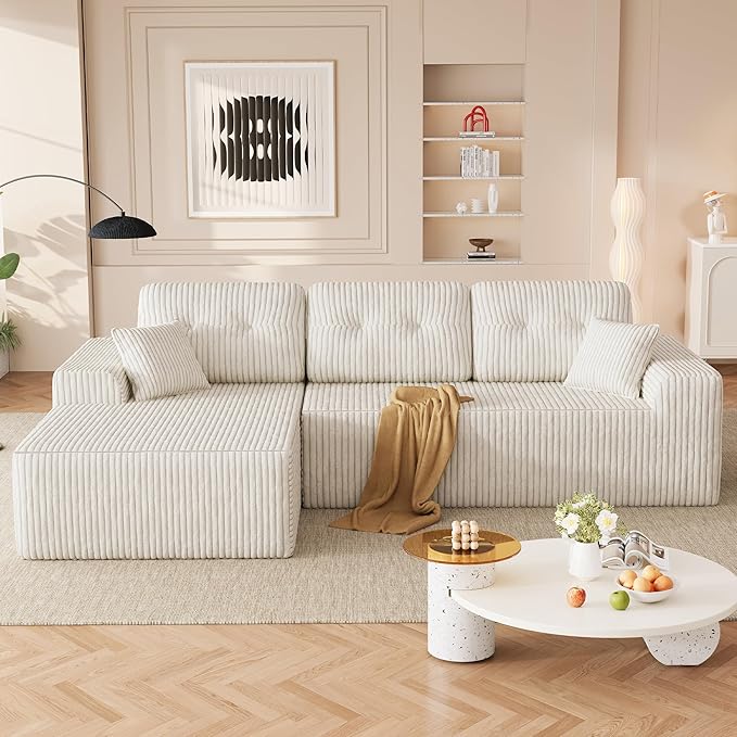 Ball & Cast 106" Boneless Sectional Sofa, Corduroy Modular L Shaped Couch with Deep Seat Chaise, Cloud Style Oversized Sectional Couch for Living Room, No Assembly, Right Facing, Corduroy Beige