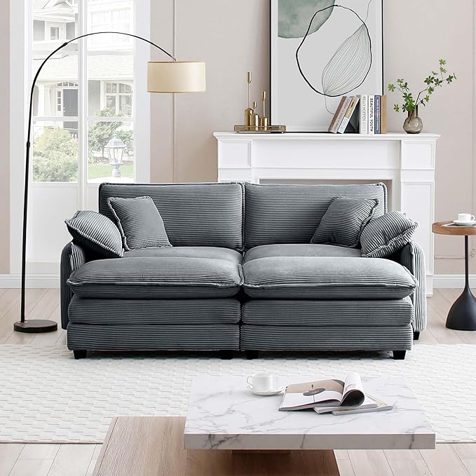 KEIKI 81" Oversized Corduroy Modular Sectional Loveseat Sofa with 2 Ottoman, High-Density Foam Cushions, Removable Armrests, Upholstered 2-Seater Corner Couch with 4 Pillow, for Living Room, Grey