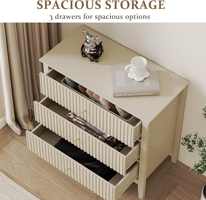 RoyalCraft Large 3 Drawer Dresser Set of 2, Fluted Wood Drawers for Bedroom, Modern Painted 30 inch Wide Nightstand for Bedroom, Entryway, Beige - Image 3