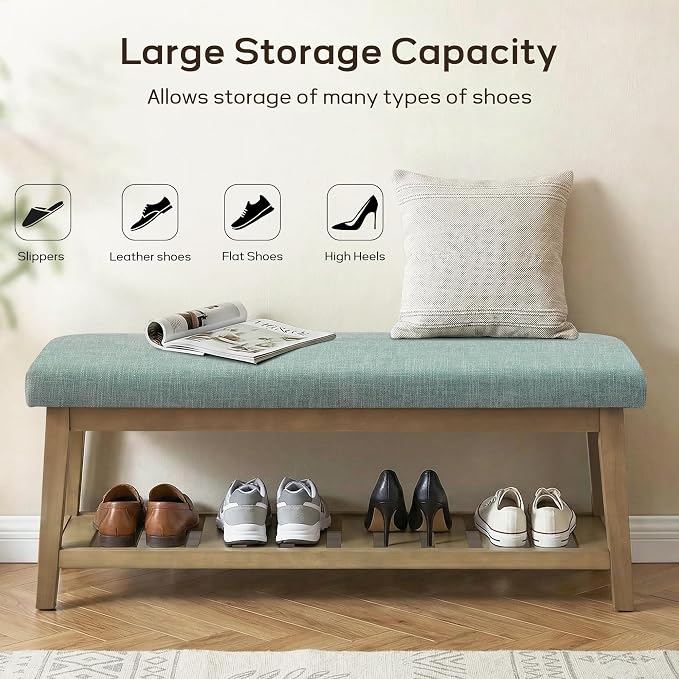Entryway Bench with Cushion, Upholstered Shoe Rack Bench with Solid Wood Shelf, 44" End of Bed Bench for Bedroom, Chenille Fabric Storage Bench for Entryway, Hallway, Living Room (Teal) - Image 7